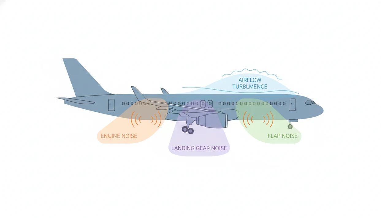 A simple diagram shows engine, flap, gear, and airflow sound sources on a passenger jet.