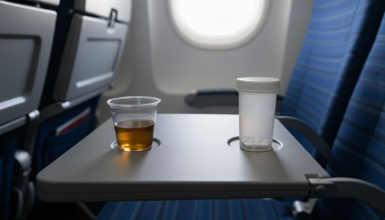 An airplane tray table shows a drink and unbranded medication kept separate in soft cabin light.