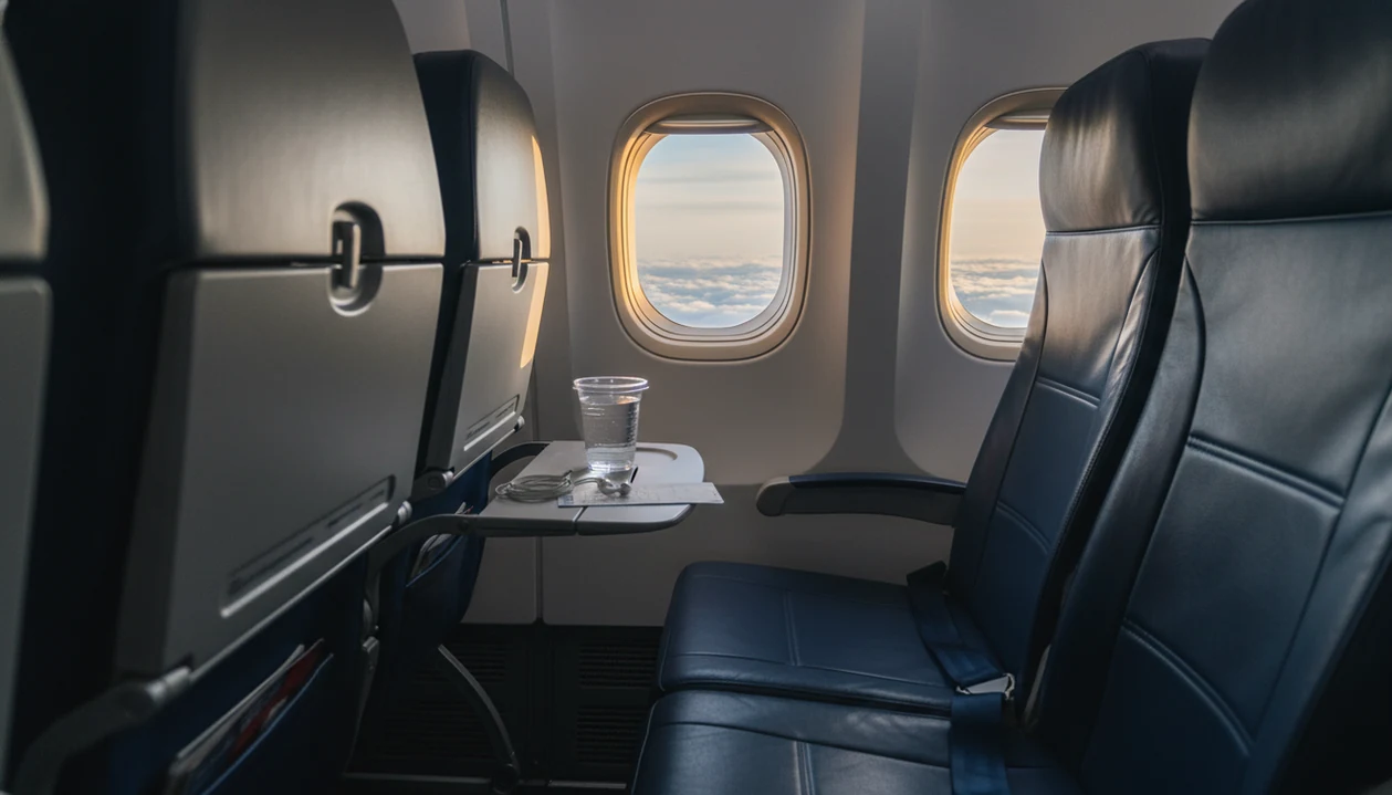 An empty airplane seat with a rippling water cup suggests anxiety sensations during flight.