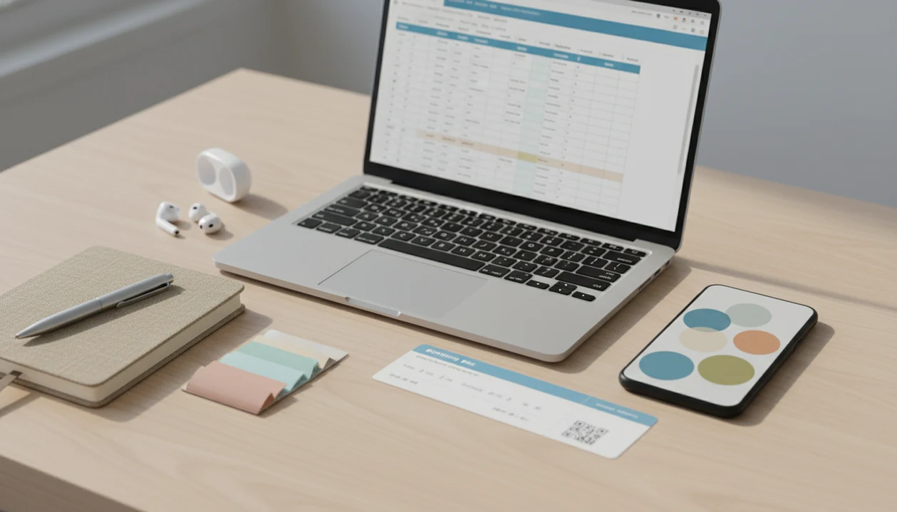 A calm desk setup shows devices and travel items arranged for comparing fear of flying course options.