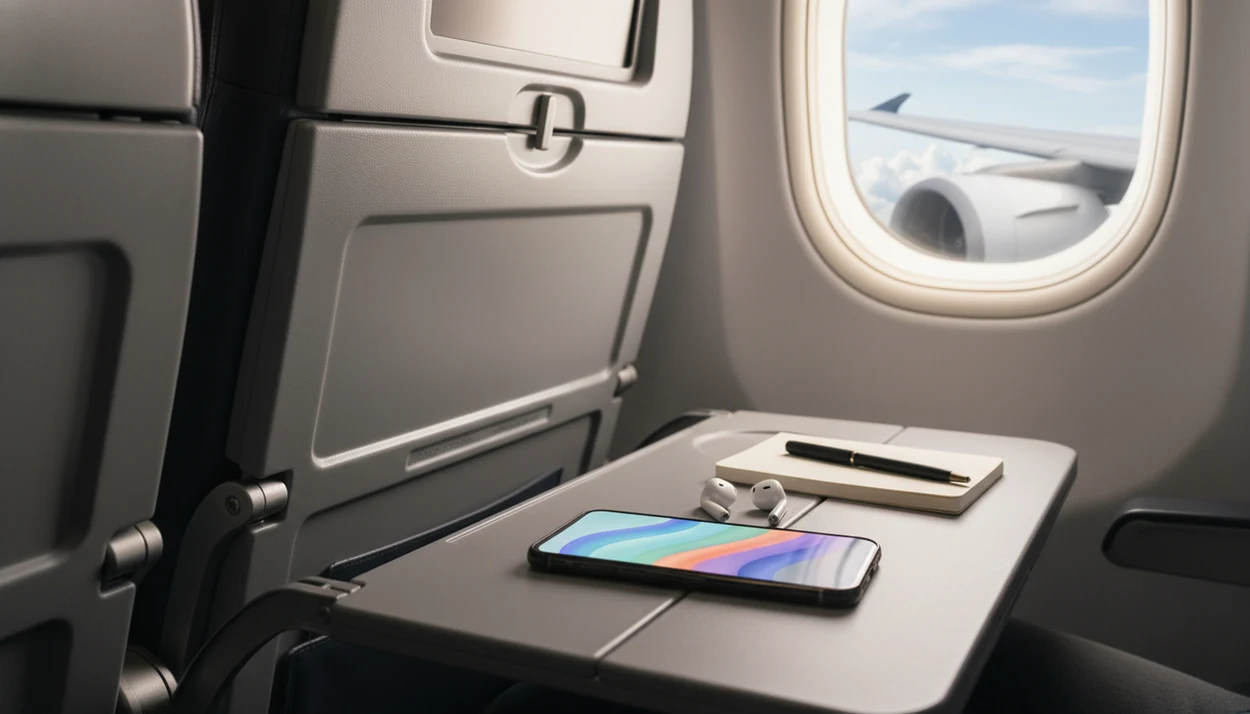 A phone on an airplane tray table sits beside earbuds while a wing is visible through the window.
