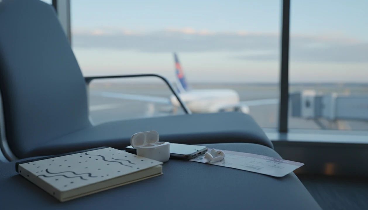 A phone, notebook, and blurred boarding pass sit quietly near an airport window before a flight.