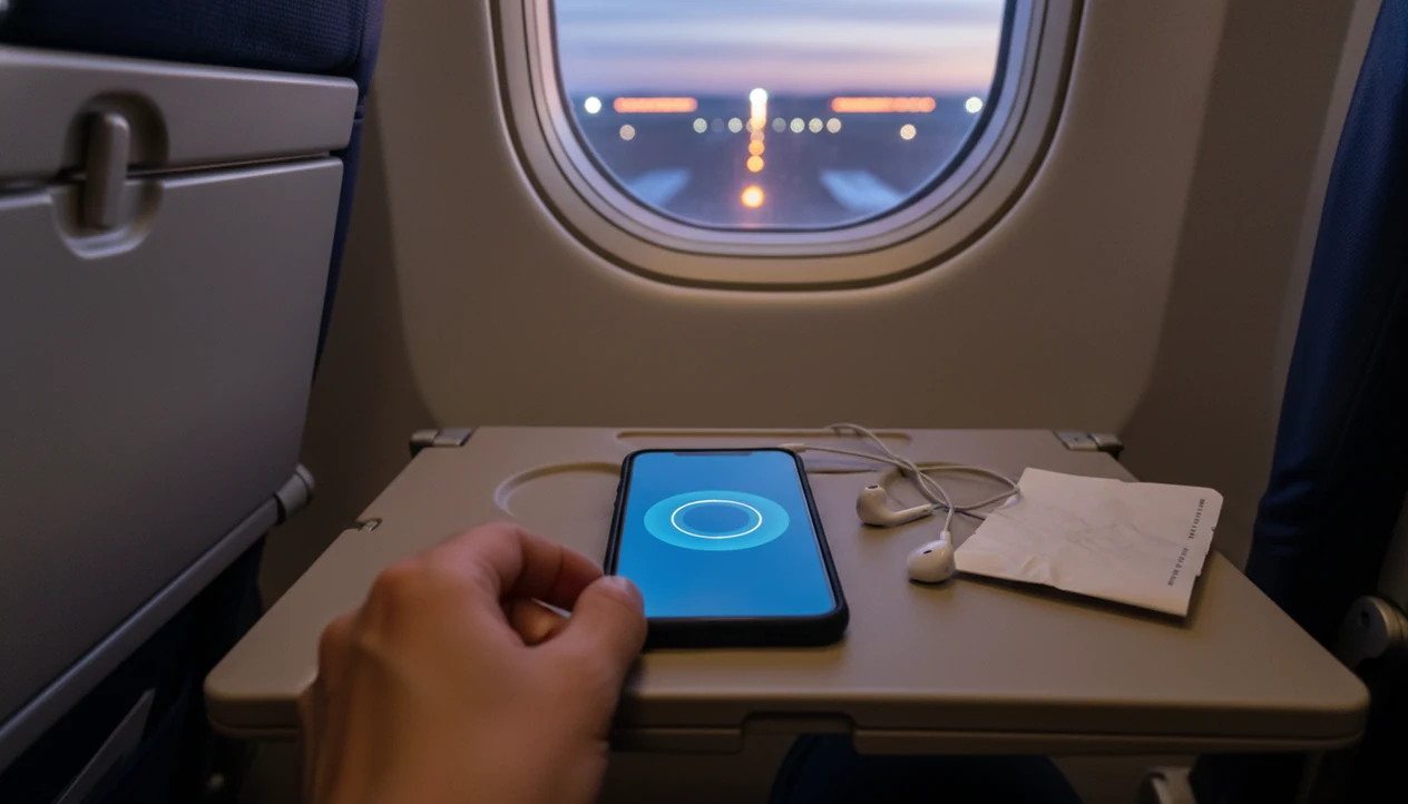 A phone with a simple breathing circle rests on an airplane tray table before takeoff.