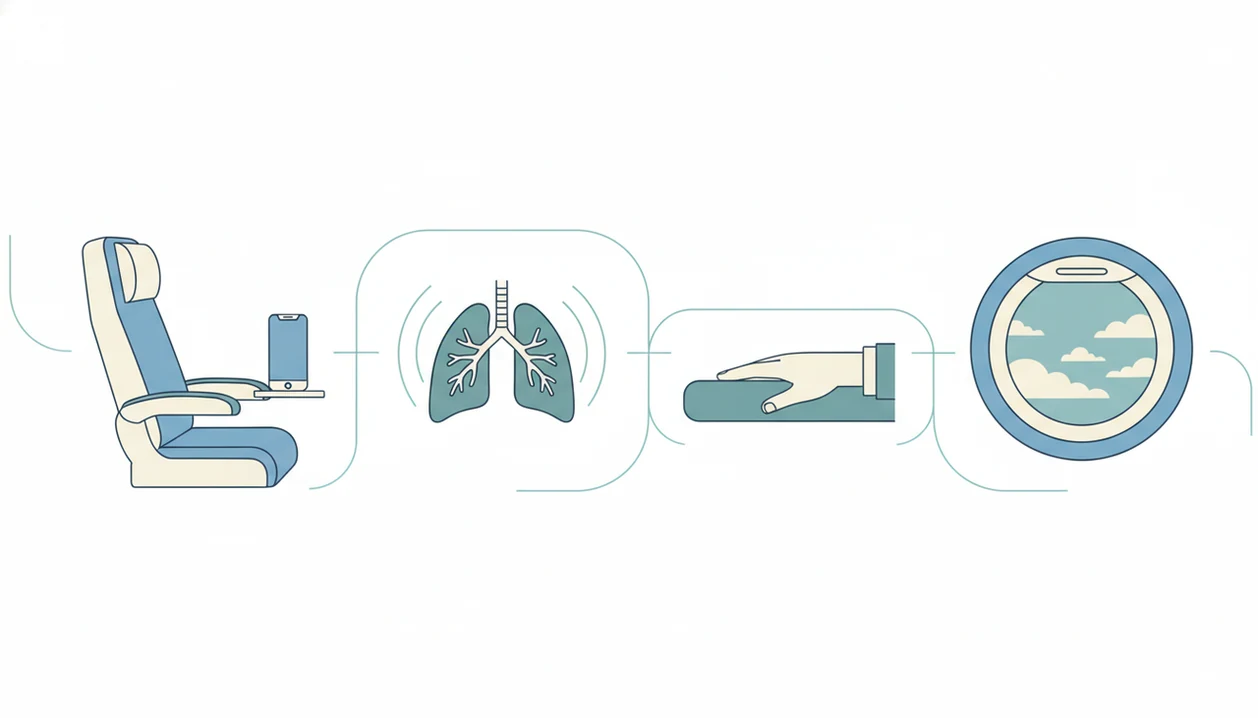 A simple four-panel illustration shows breathing, grounding, and orienting during a flight.