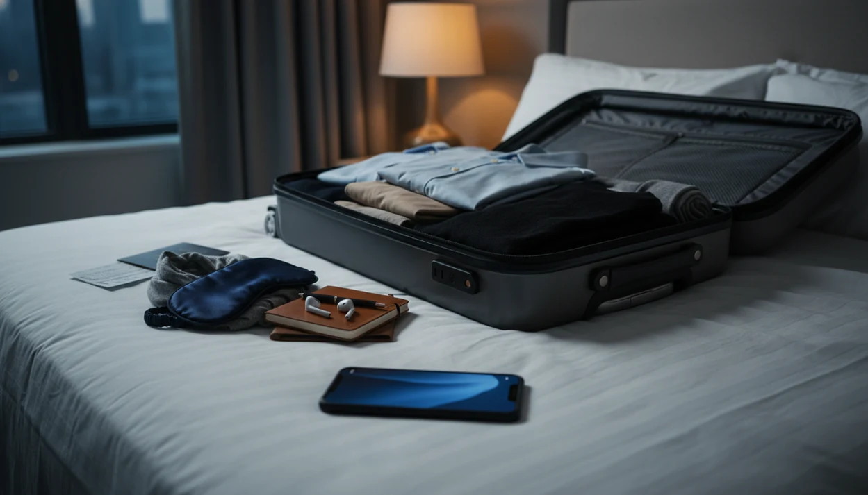 A phone beside a half-packed suitcase suggests last-minute app preparation before an anxious flight.