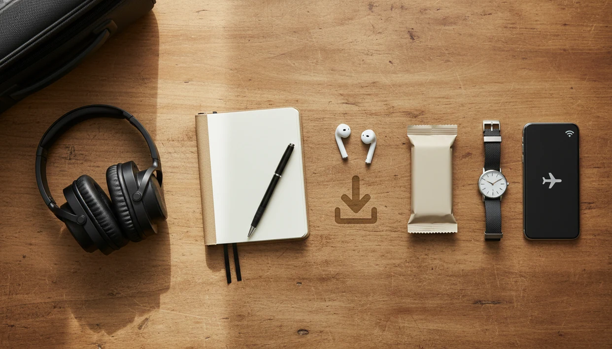 A tidy tabletop shows headphones, notebook, phone, snack, and watch arranged as a pre-flight coping kit.