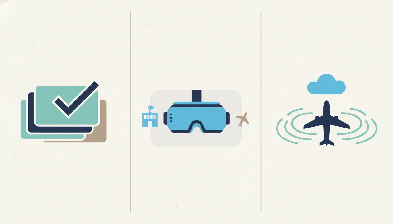An icon-based comparison shows lessons, VR exposure, and in-flight reassurance as app feature types.