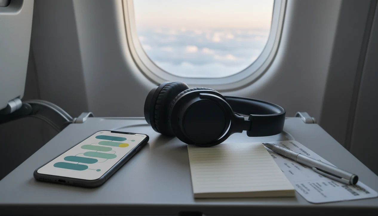 A phone, headphones, and notebook on an airplane tray table suggest a structured fear of flying course.