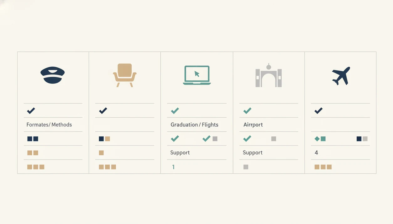 A clean visual comparison grid shows five abstract fear of flying course options.