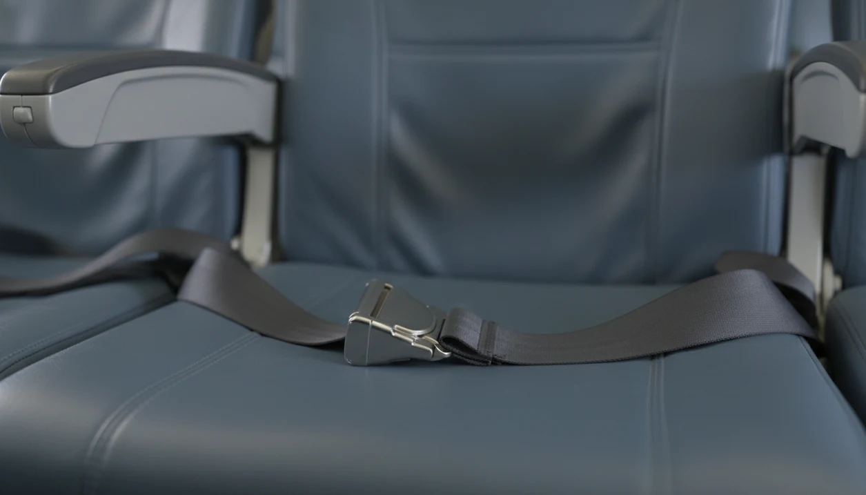 A fastened airplane seat belt rests securely across an empty cabin seat in soft cabin light.