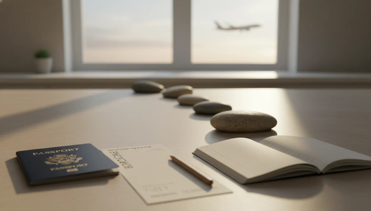 A passport, blank travel papers, notebook, and stepping stones suggest a gradual CBT path toward flying.