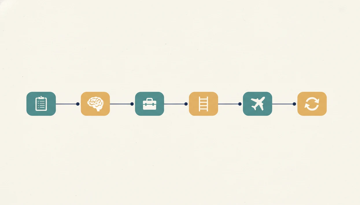 A clean icon timeline shows assessment, skills, exposure, flight practice, and maintenance stages.