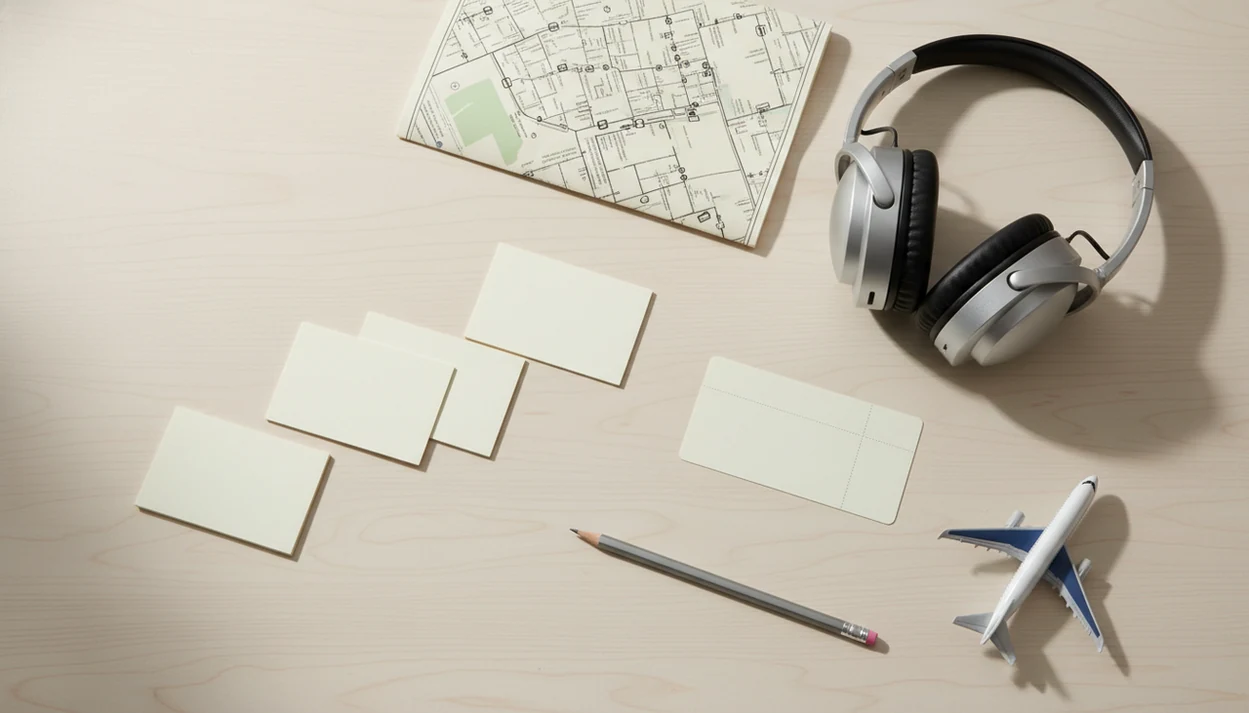 Blank cards, a toy plane, headphones, and travel items form a step-by-step exposure plan.