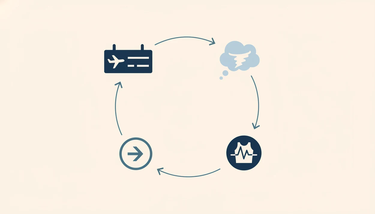 A simple loop diagram shows triggers, anxious thoughts, body sensations, and avoidance.
