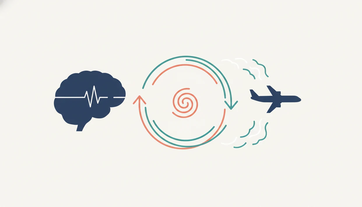 An abstract diagram shows a brain, an airplane, and looping anxiety signals between them.