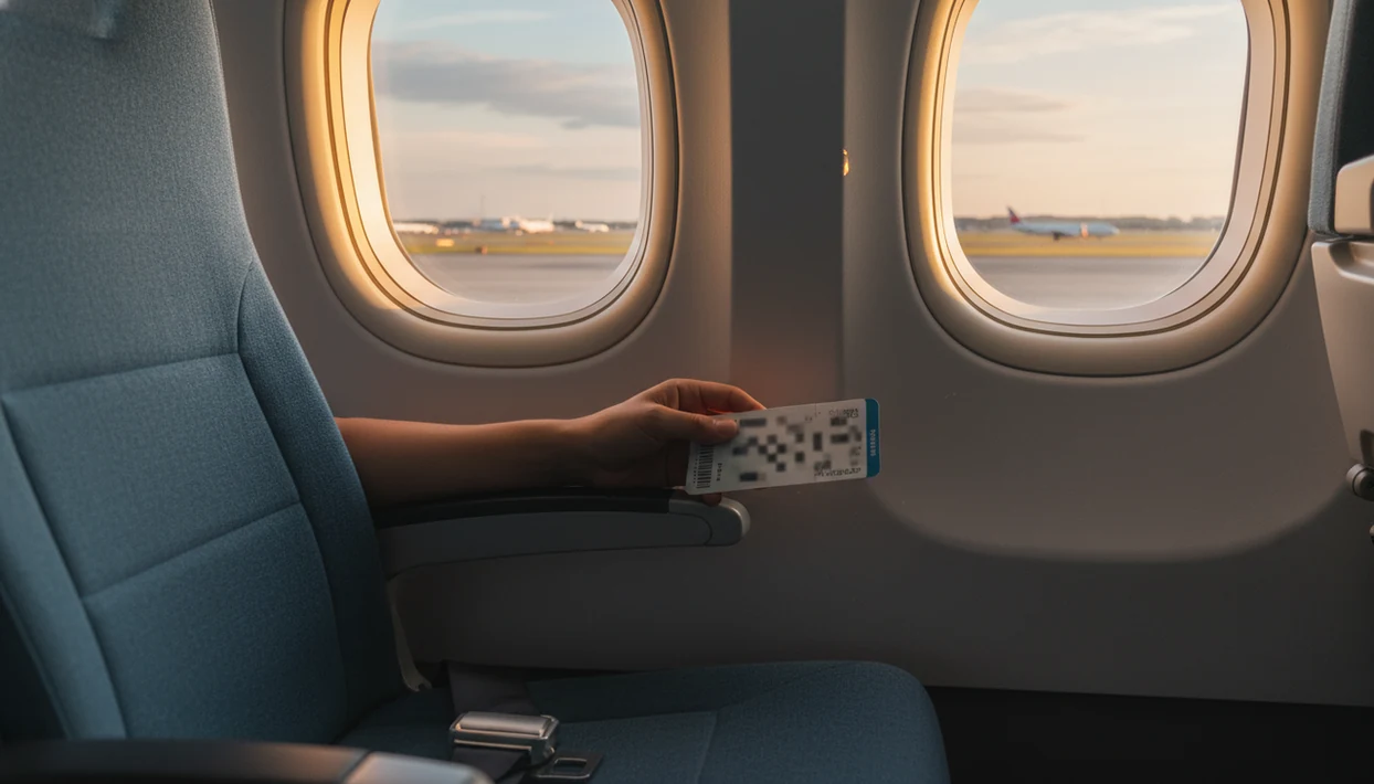 A tense hand rests on an airplane armrest beside a calm window view above the clouds.