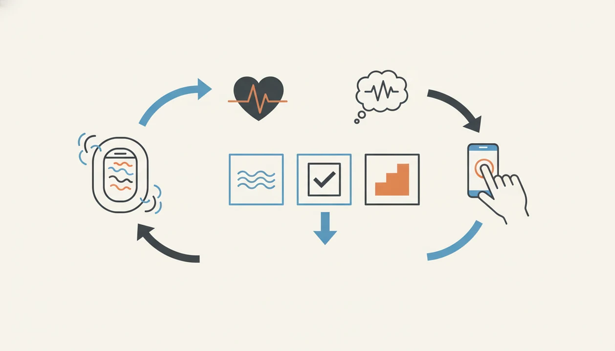 A simple diagram shows flight cues feeding an anxiety loop that app-based coping tools interrupt.