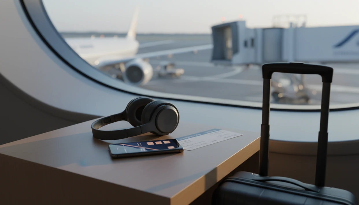 A phone and headphones sit ready at an airport gate with an airplane wing blurred in the background.