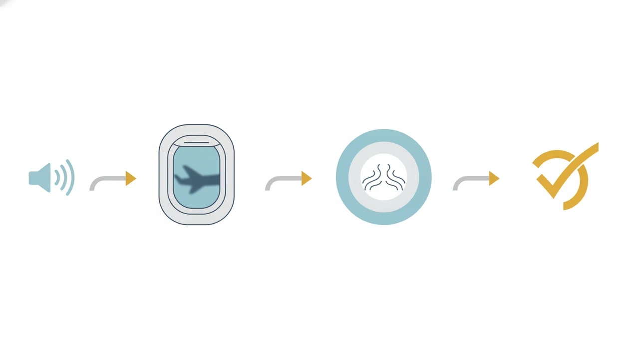 A simple diagram shows sound waves, an airplane window, and breathing circles connected in a practice sequence.