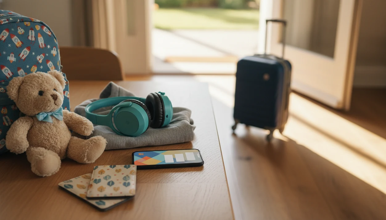 A child’s travel items and a parent’s phone are arranged calmly before a family flight.