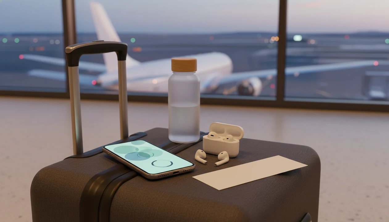 A phone with a calming app-like screen rests on luggage near an airport window and a blurred airplane.