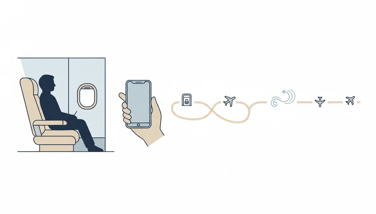 A simple diagram shows a phone guiding a nervous flyer through takeoff, turbulence, and landing.