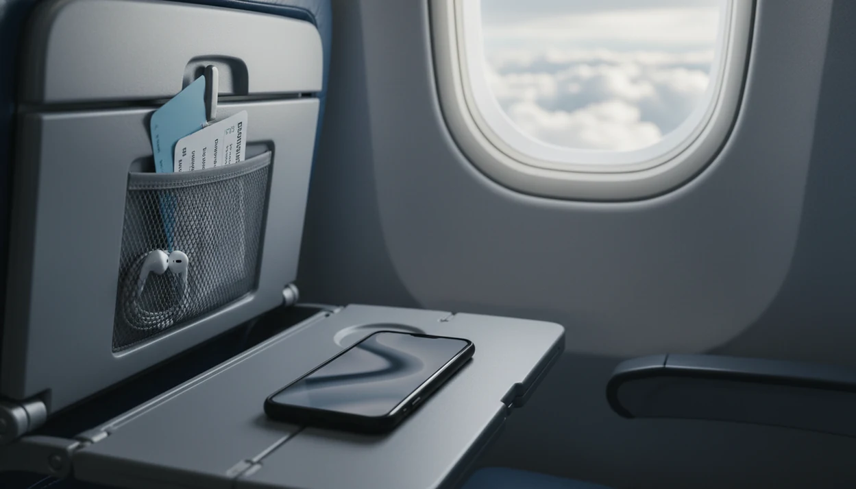 A phone, earbuds, and boarding pass sit on an airplane tray table beside a bright cabin window.