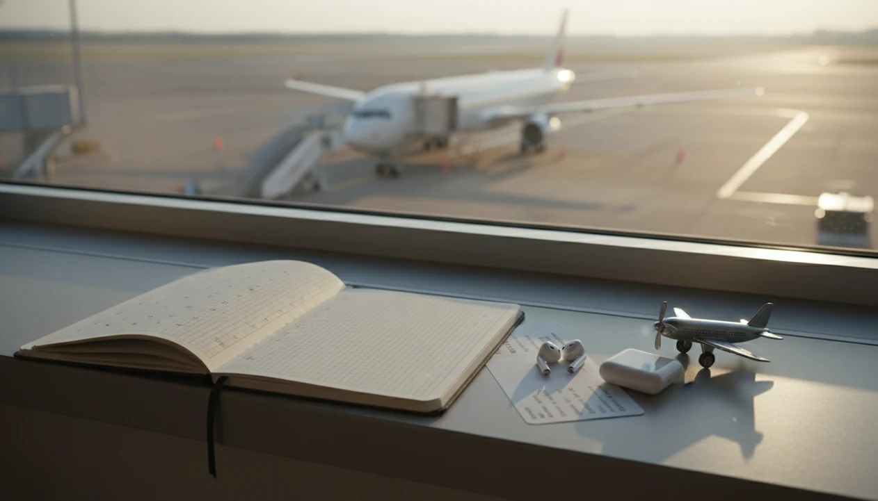 A notebook, earbuds, and toy airplane sit by an airport window as a jet waits softly in the background.
