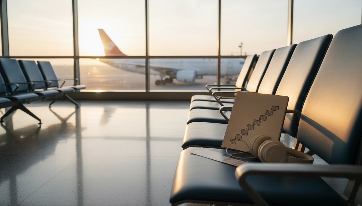 An airport seat with a notebook, headphones, and a plane outside suggests two approaches to flying anxiety.