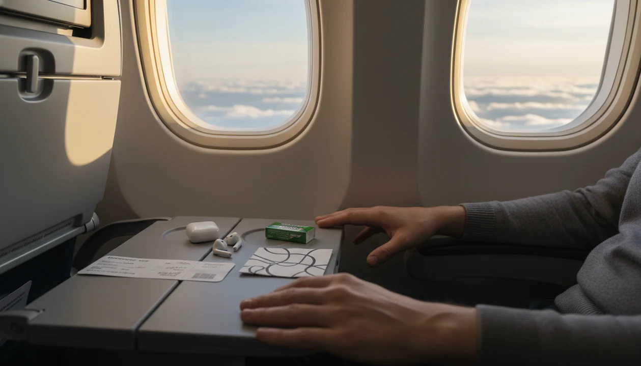 A nervous flyer’s window seat with coping items arranged before a calm flight above the clouds.