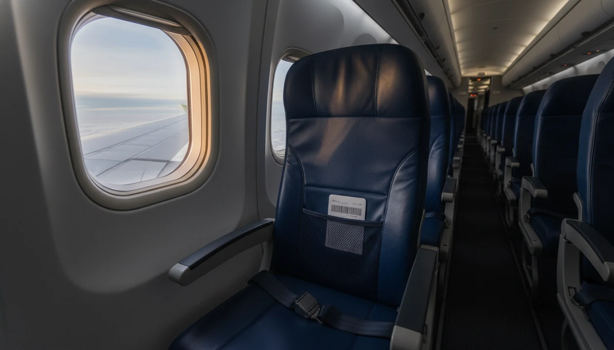 An empty airplane window seat with clouds outside, suggesting flight anxiety without showing a person.
