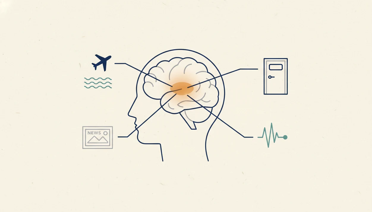 A clean brain illustration connects flight triggers to an internal alarm response.