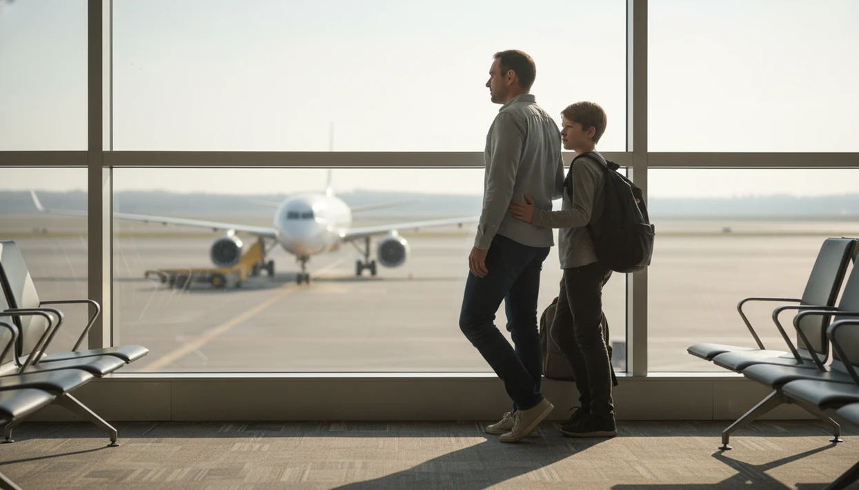 A calm parent sits with an anxious child by an airport window as a plane waits outside.