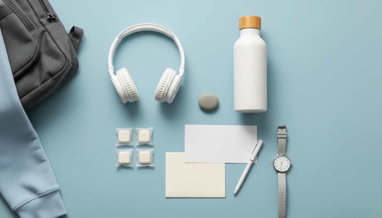 A teen flight coping kit is arranged with headphones, water, mints, a watch, and a blank plan card.