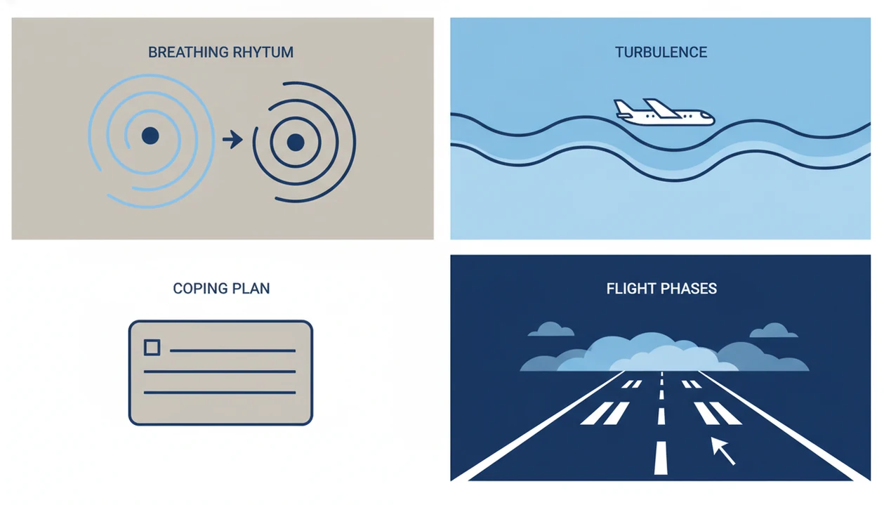 A clean four-panel illustration shows breathing, turbulence, coping notes, and flight phases without text.
