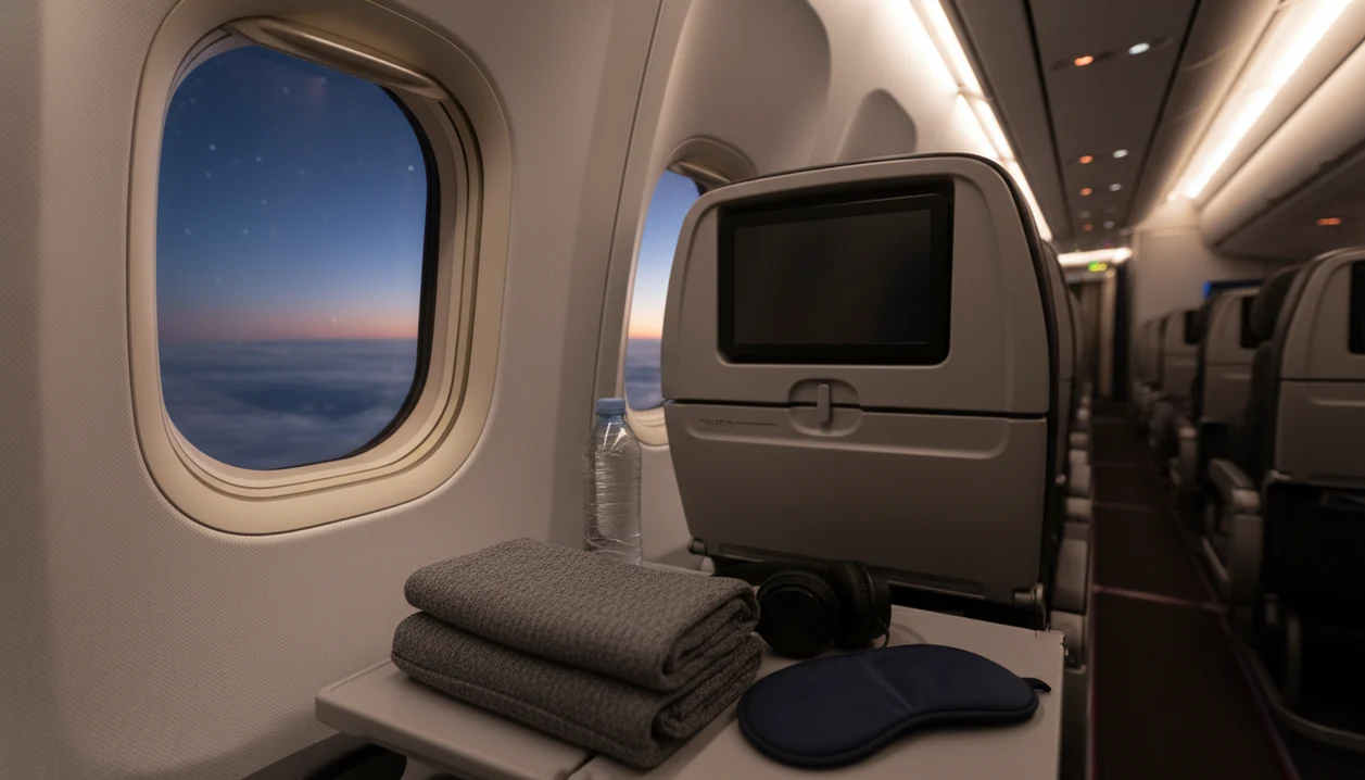 A calm long-haul airplane seat setup at night with water, headphones, blanket, and clouds outside the window.