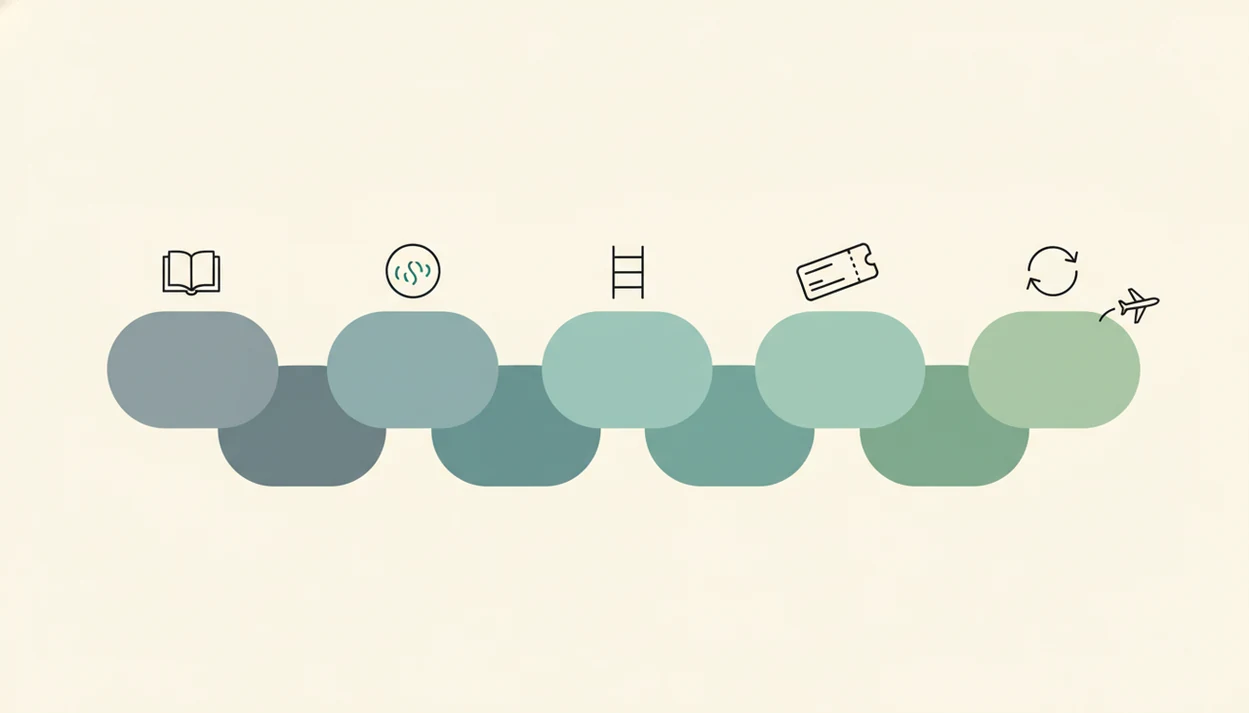 A simple abstract pathway shows five stages of fear of flying recovery ending with a small airplane symbol.