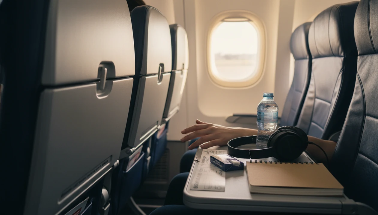 A calm airplane cabin scene shows travel items laid out as practical tools for a nervous flyer.