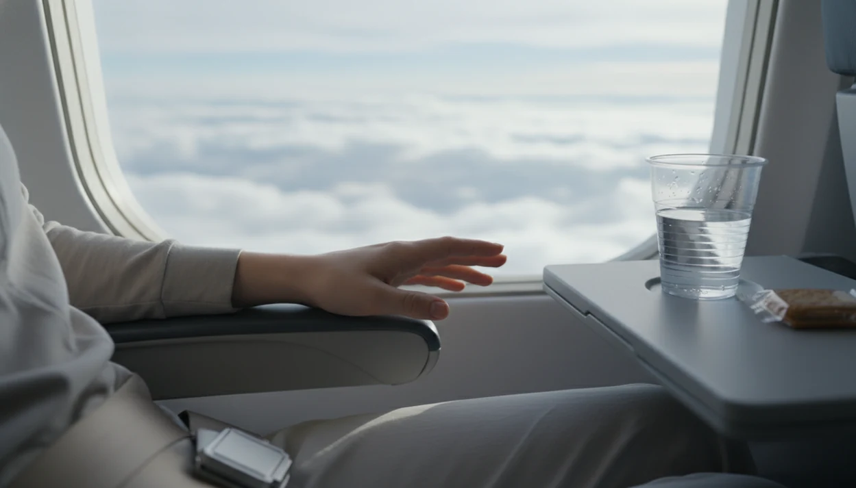 A fastened seatbelt, relaxed hand, and gently rippling water suggest calm during mild turbulence.