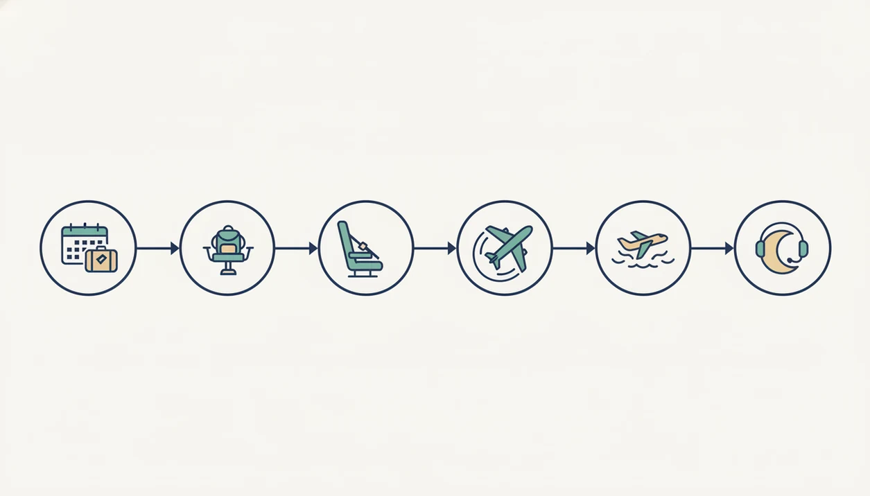 A simple visual timeline shows preparation, boarding, takeoff, turbulence, and long-flight coping steps.