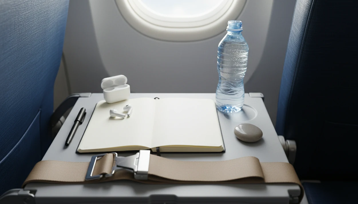 A tray table holds calming flight items beside a fastened seat belt in soft daylight.