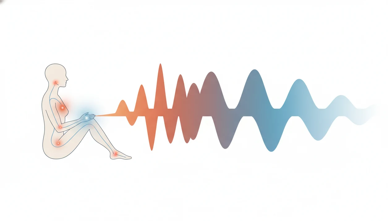 A simple body diagram shows nervous system signals calming from sharp alarm waves to smoother patterns.