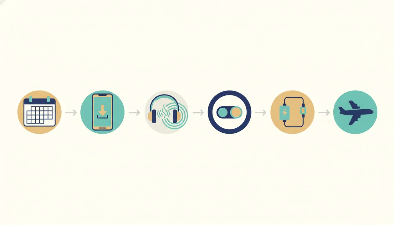 A simple six-part visual flow shows preparing an anxiety app before a flight.