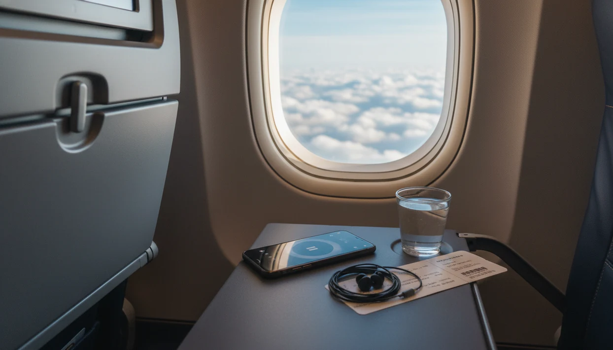 A phone, earbuds, and water rest on an airplane tray table beside a calm cloud-filled window.