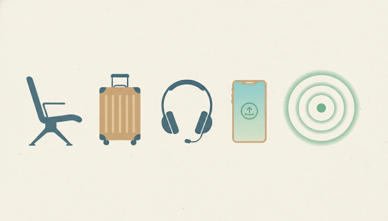 A simple illustration shows headphones, a phone, luggage, and breathing circles for preflight meditation prep.