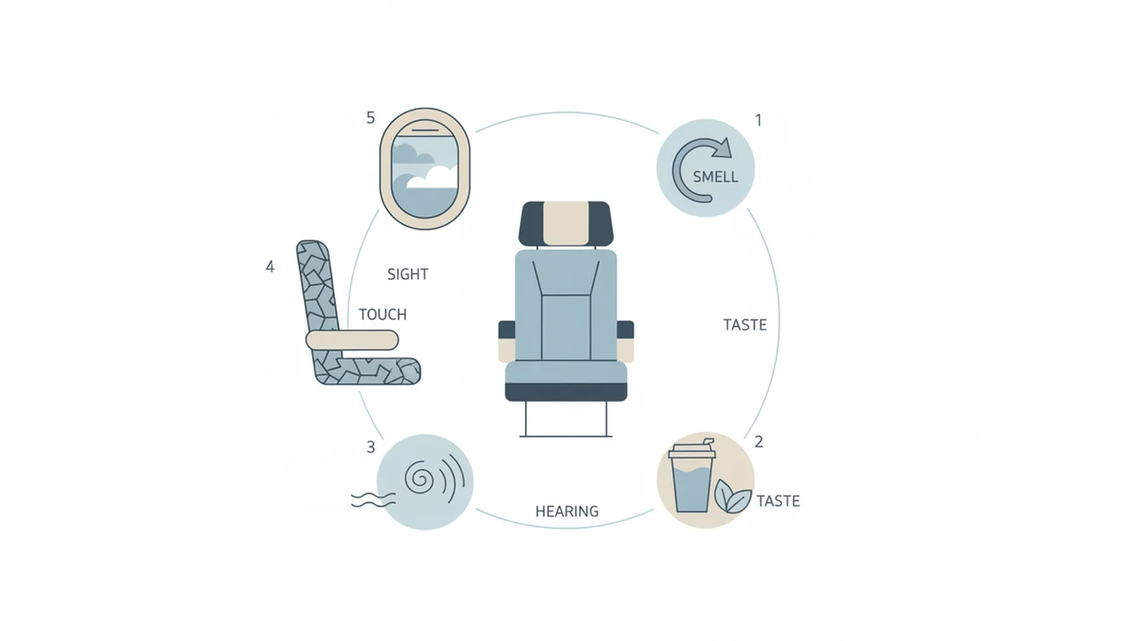An illustrated airplane seat sensory map shows sights, touch points, sounds, smell, and taste cues.