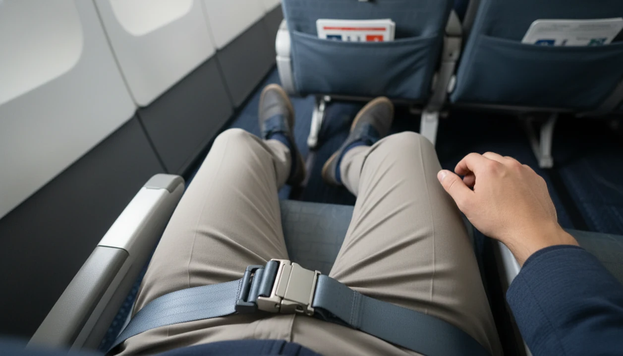 A seated airplane passenger uses the armrest, seat belt, and feet on the floor as grounding cues.