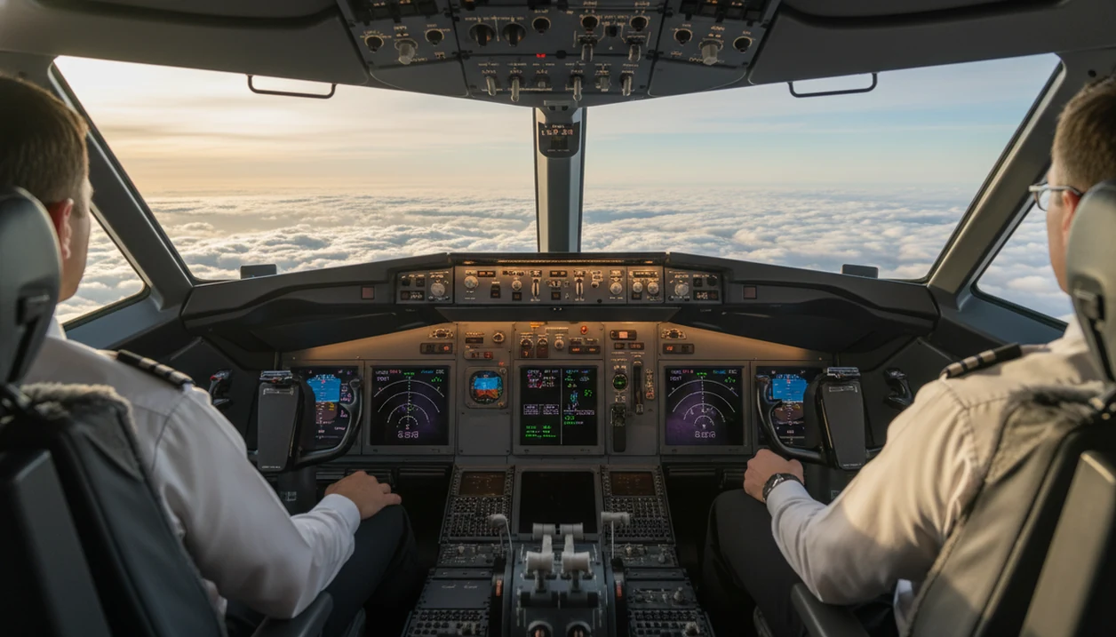 Pilots sit calmly in a commercial cockpit above clouds while managing a routine flight.