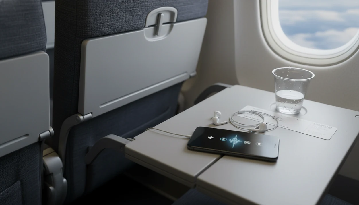 A prepared phone calm kit sits on an airplane tray table beside earbuds and water near a cloudy window.