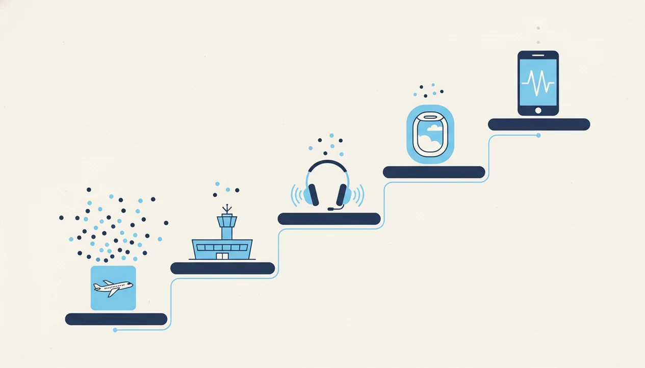 A simple illustrated ladder shows phone-based flight cues increasing step by step.